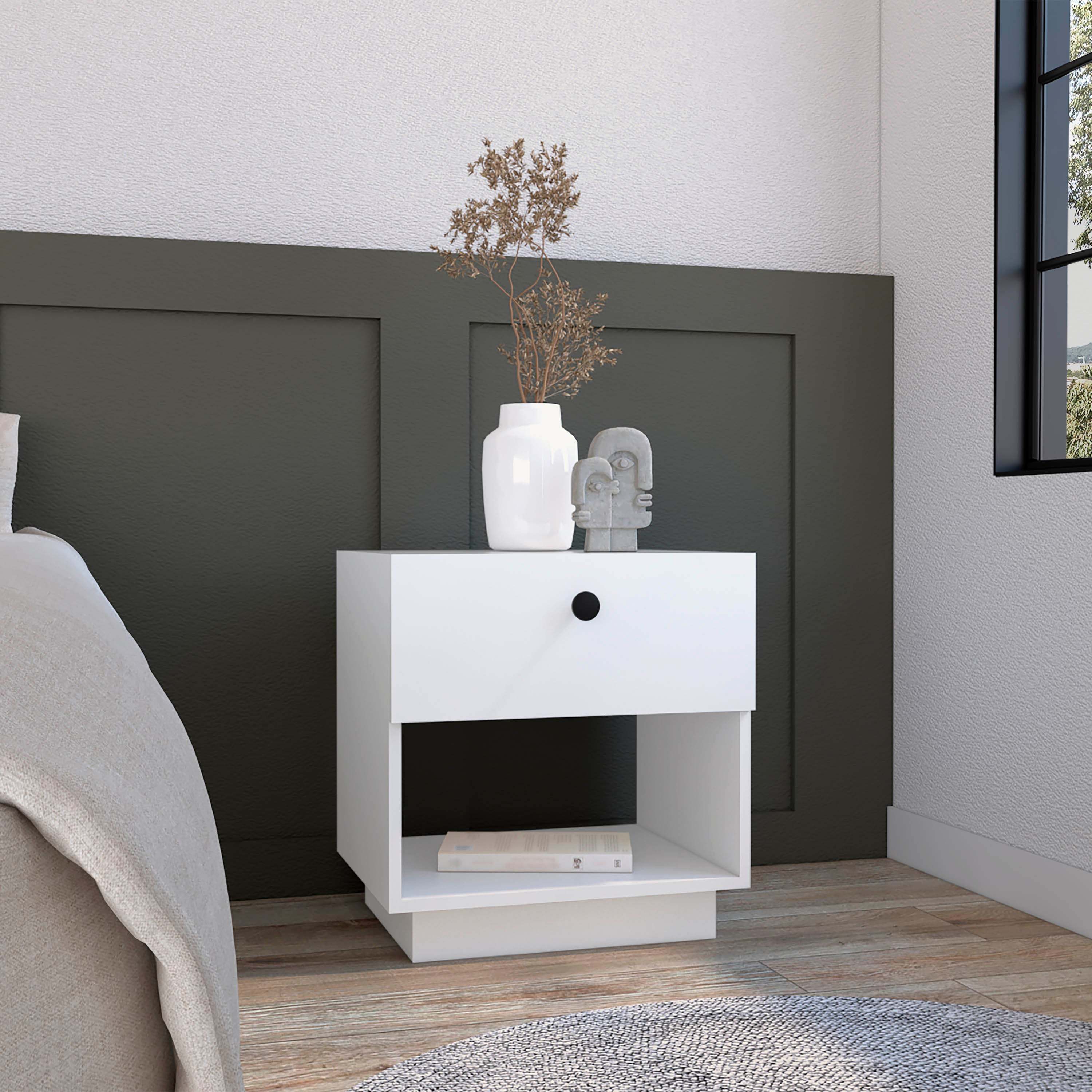 White Single Drawer Nightstand with Open Shelf Storage