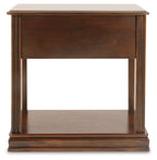 Brown end table with removable tray top, drawer front, and open lower shelf