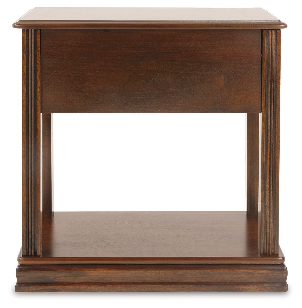 Brown end table with removable tray top, drawer front, and open lower shelf