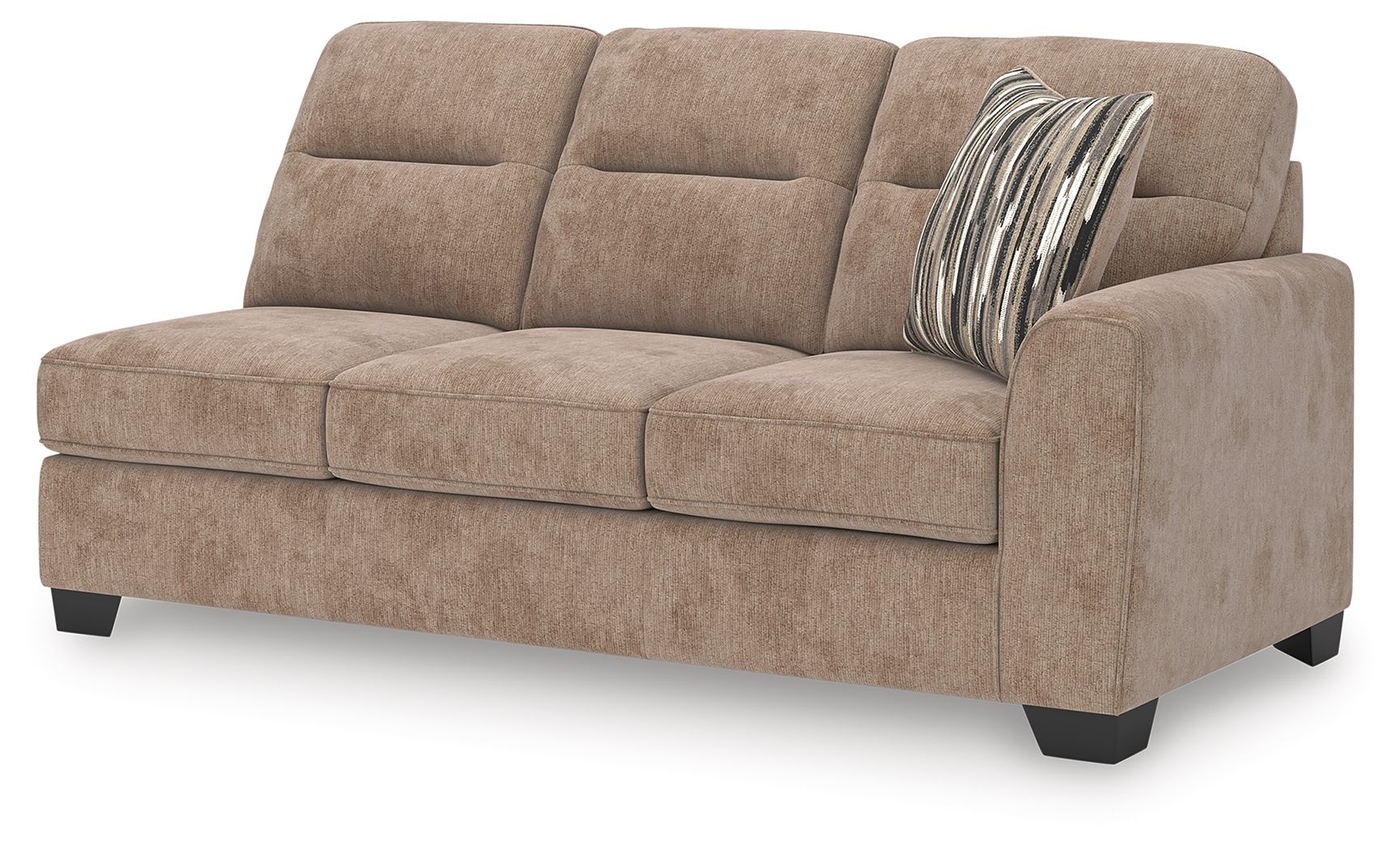 Olten RAF sofa in mocha upholstery with tufted back cushions and striped throw pillow