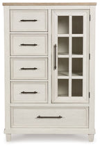 Antique white door chest with glass door and four drawers, black metal pulls