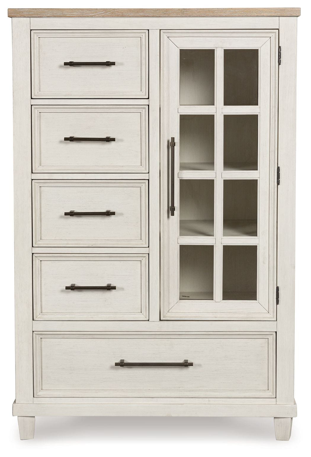 Antique white door chest with glass door and four drawers, black metal pulls