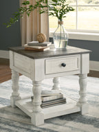 Square end table with drawer and lower shelf, turned legs, dark gray top