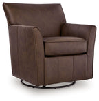 Dark brown swivel glider accent chair with cushioned armrests and panel stitching.