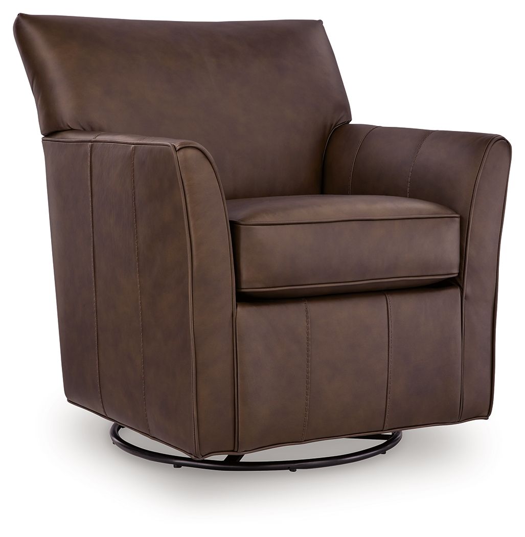 Dark brown swivel glider accent chair with cushioned armrests and panel stitching.