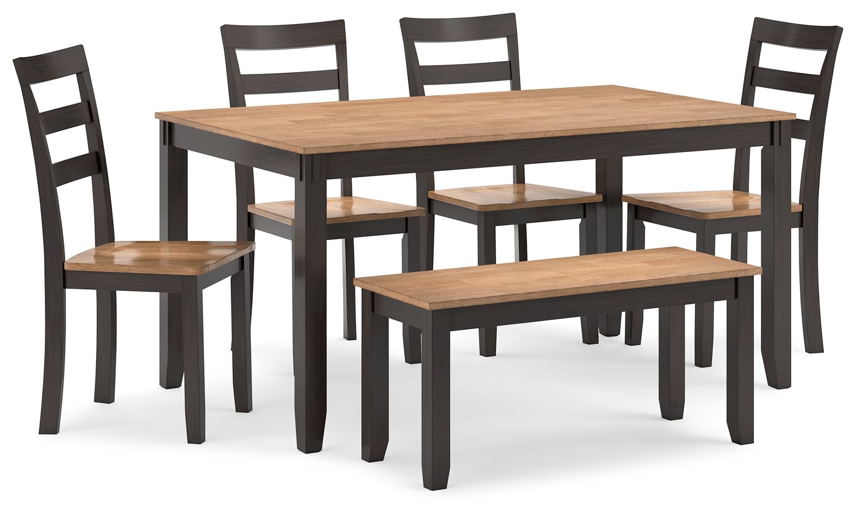 Dining room table set with bench, dark brown tabletop and dark chairs with slats