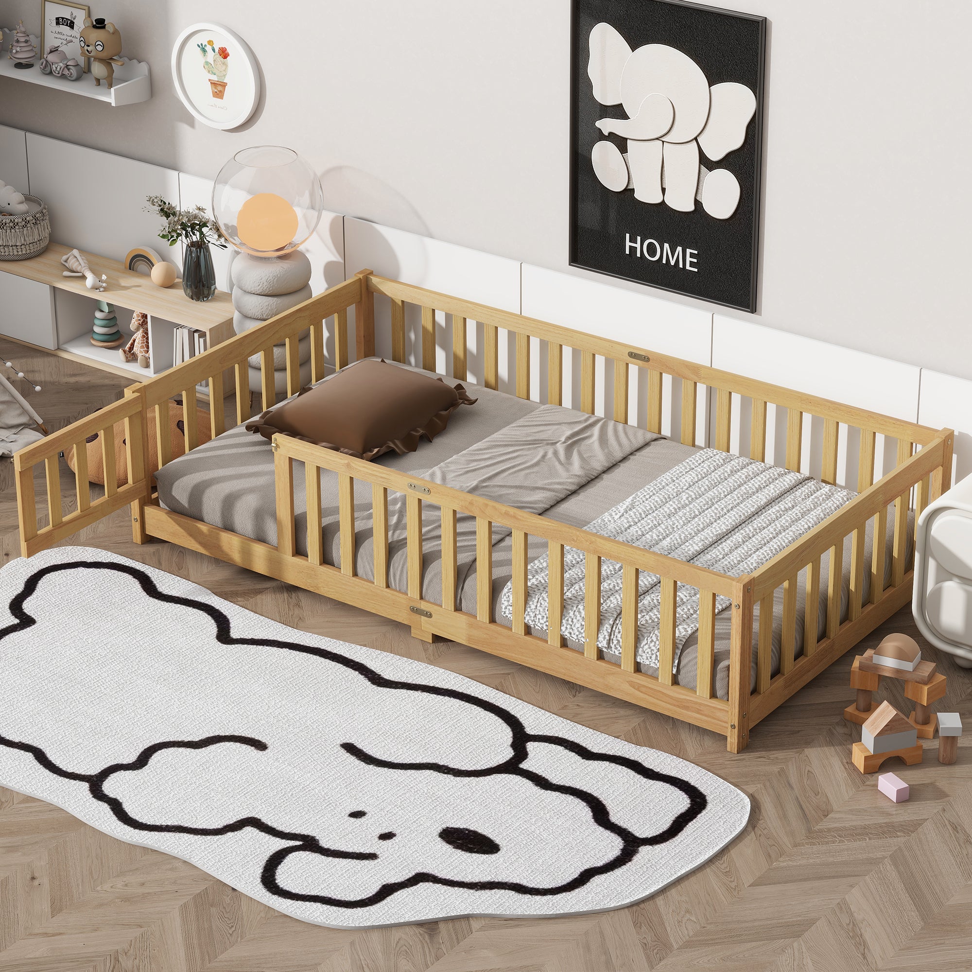 Twin Size Floor Bed with Fence, Door, Safety Guardrails, Rubber Wood, Natural