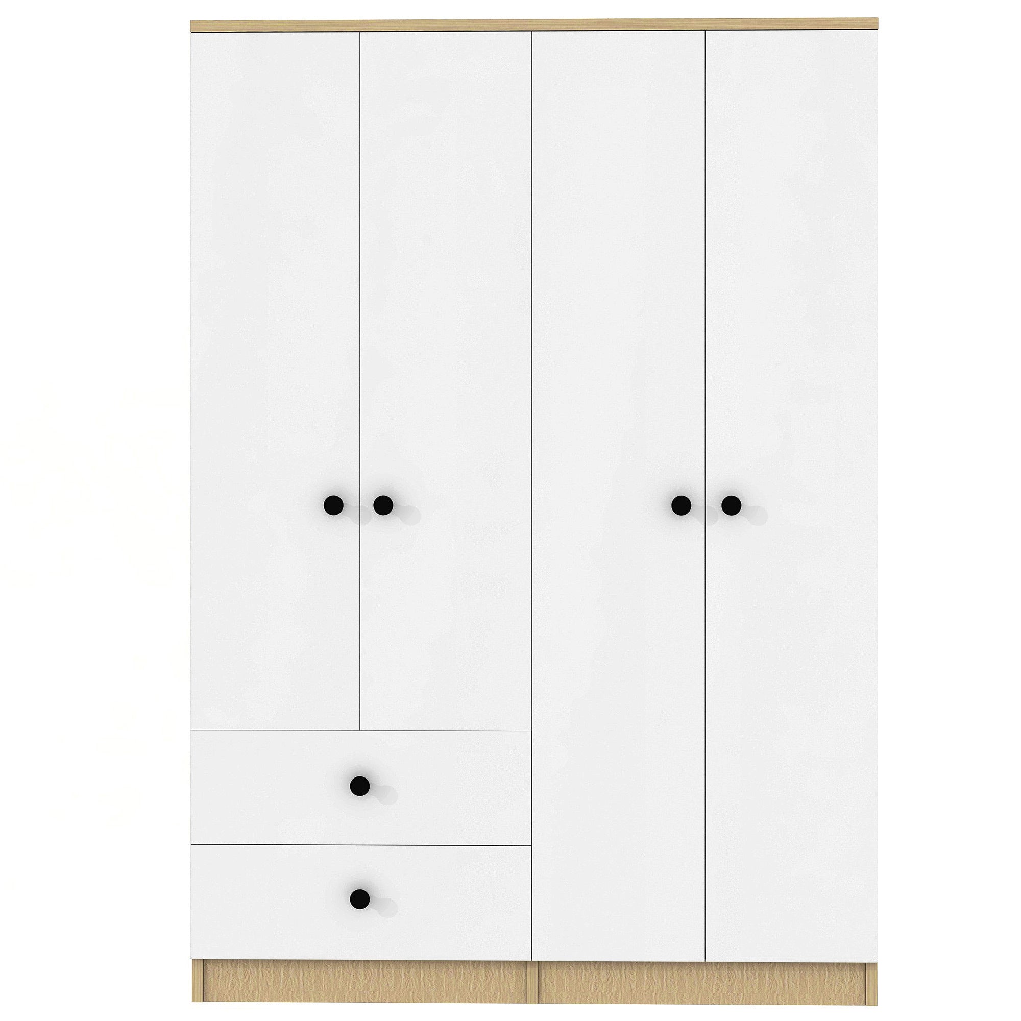 White Pine MDF 4-Door Wardrobe, Drawers, Shelf, Rod