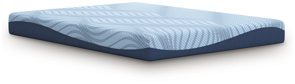 Blue memory foam mattress with wavy fabric top and dark blue side trim