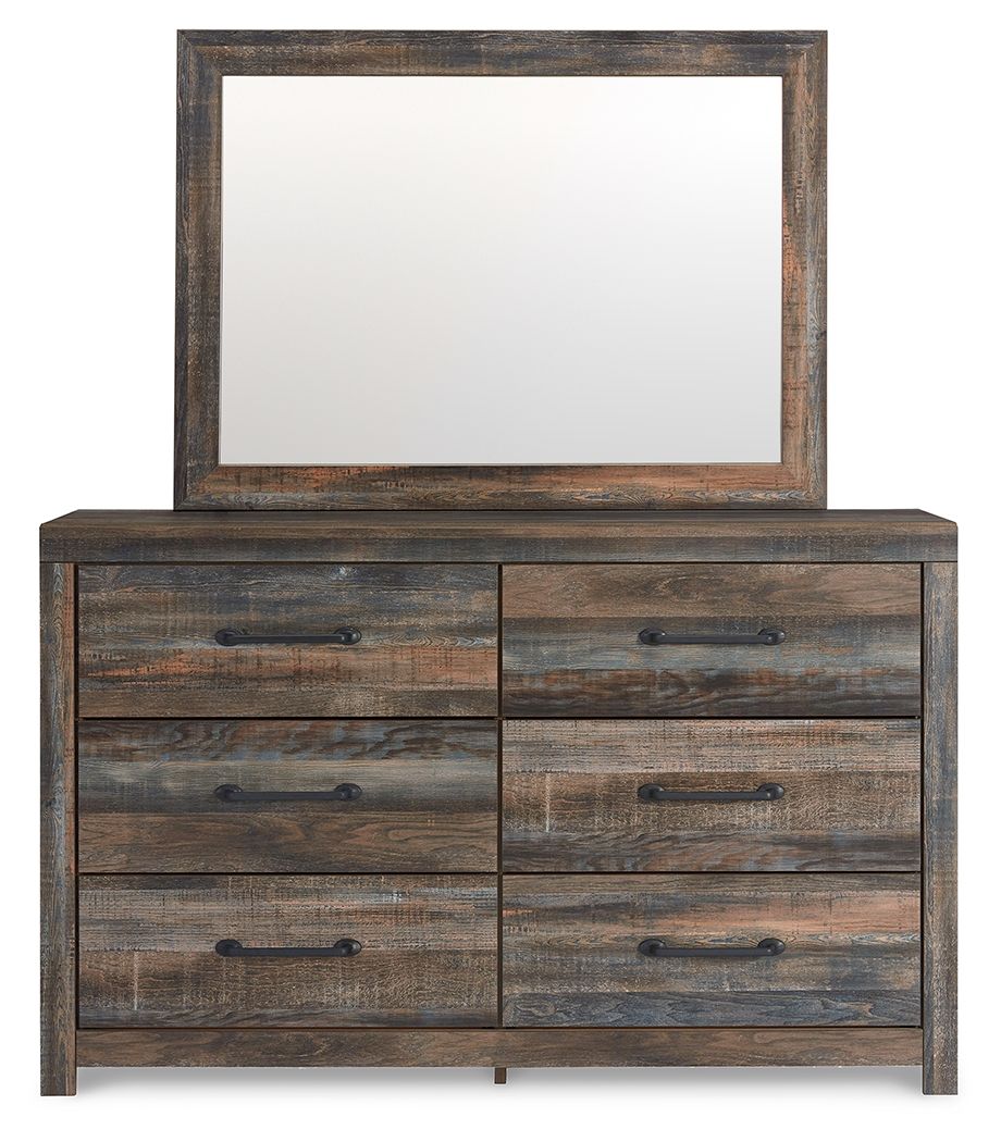 Wood dresser with large framed mirror above, four drawer fronts and black pulls