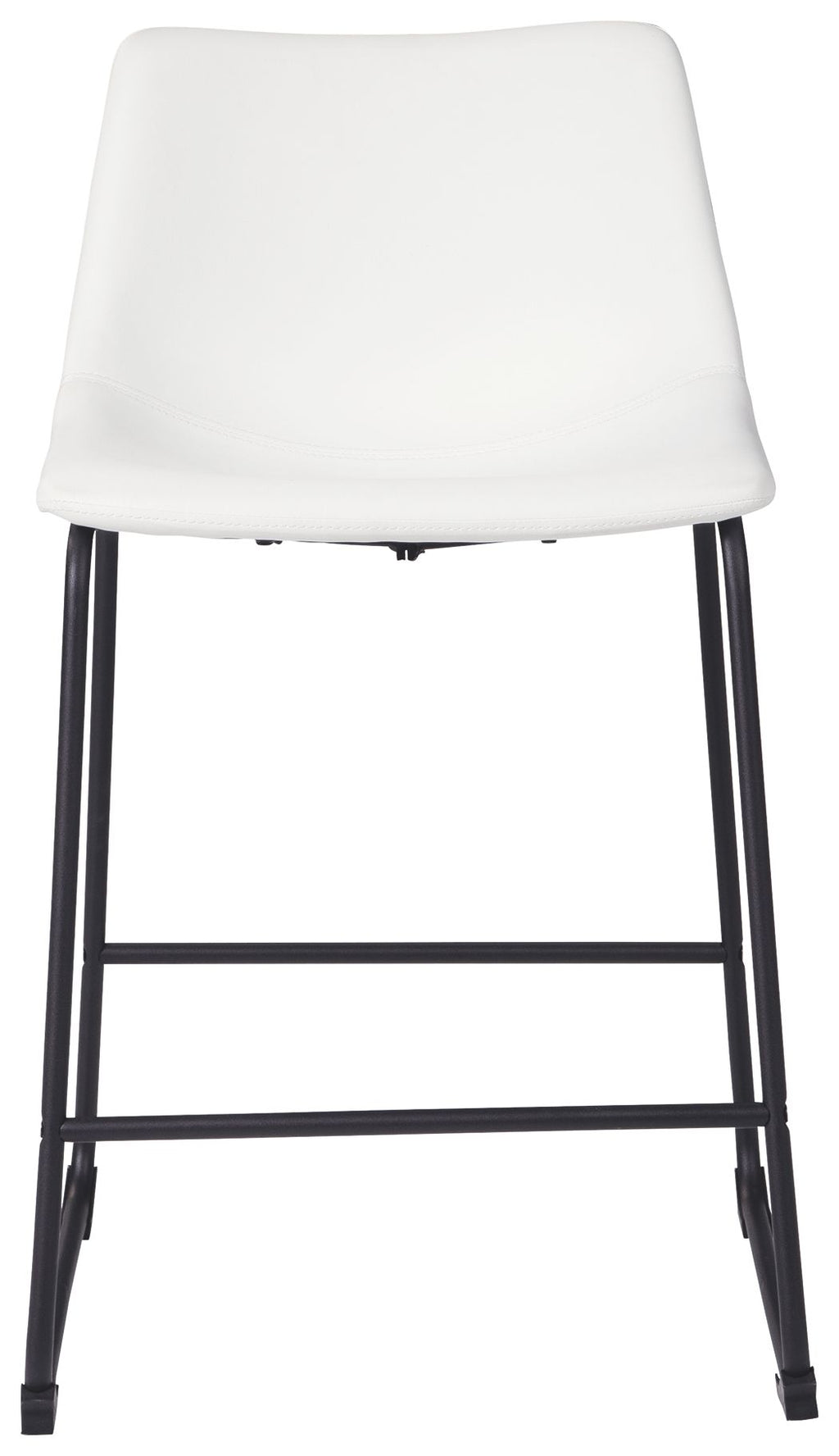 White upholstered barstool with curved seat and back, black metal frame