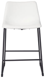 White upholstered barstool with curved seat and back, black metal frame