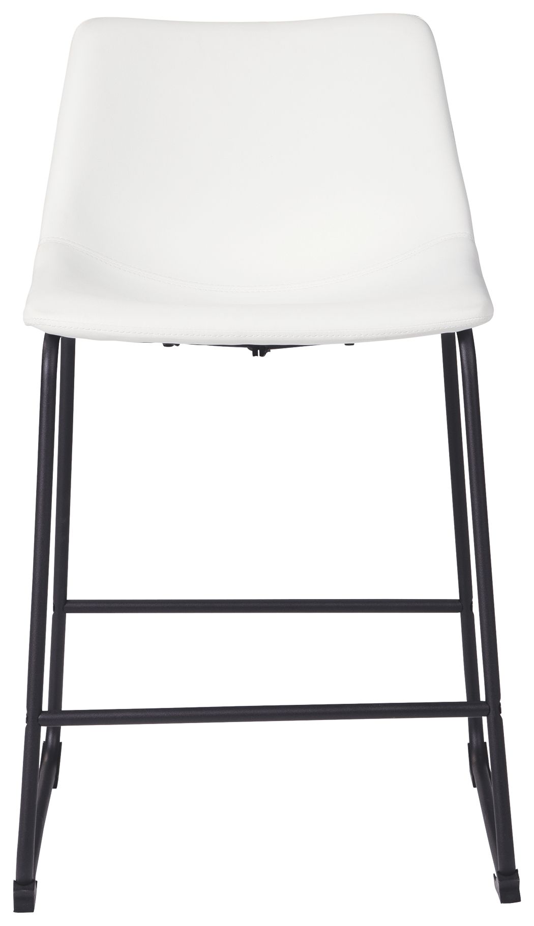 White upholstered barstool with curved seat and back, black metal frame