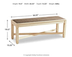 Upholstered dining bench front view with dark brown seat and beige legs