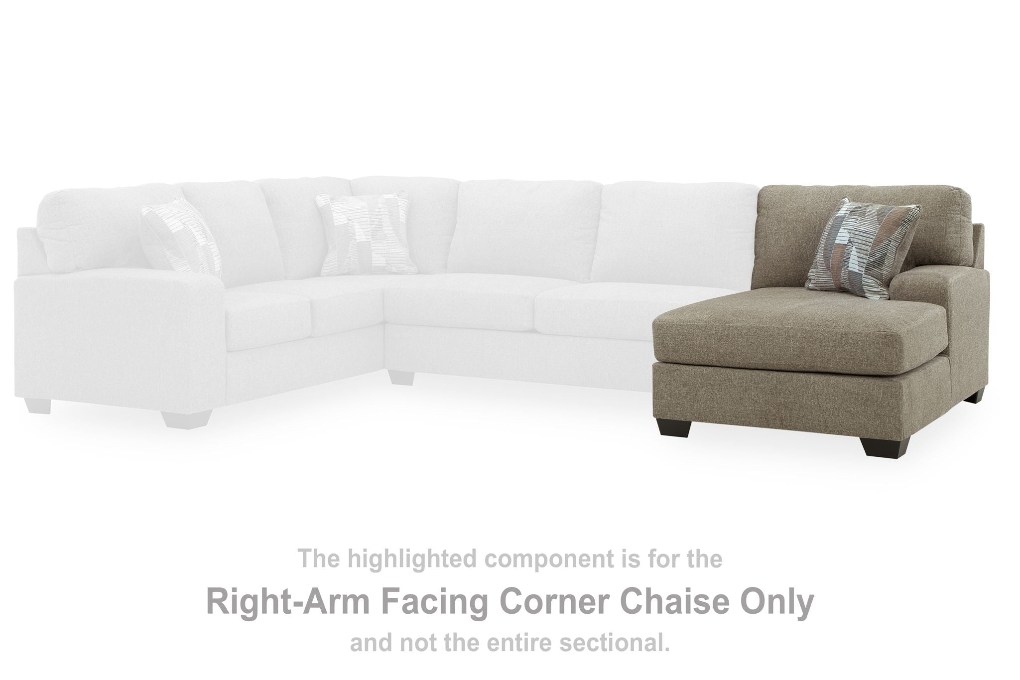 Right-arm facing beige corner chaise with matching seat cushion and small pillow
