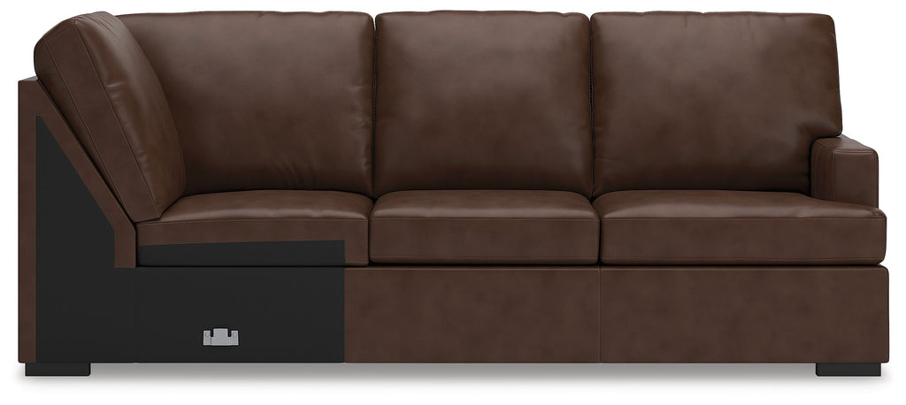 Corner wedge sofa with dark brown fabric, tufted seat and back cushions