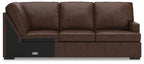 Corner wedge sofa with dark brown fabric, tufted seat and back cushions