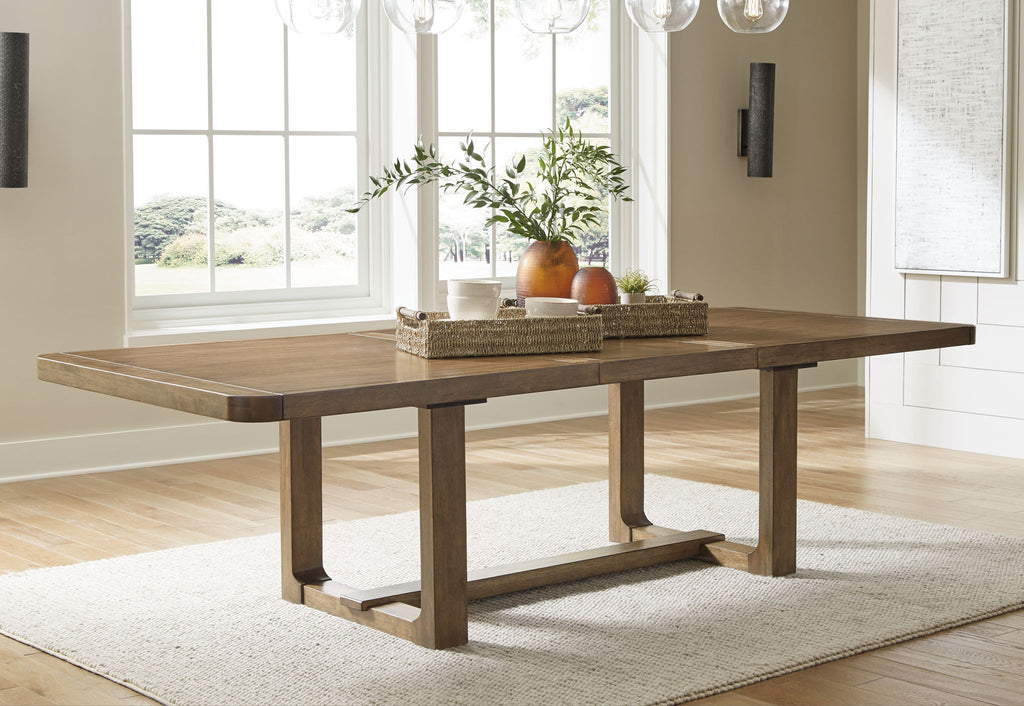 Light brown dining table with trestle base