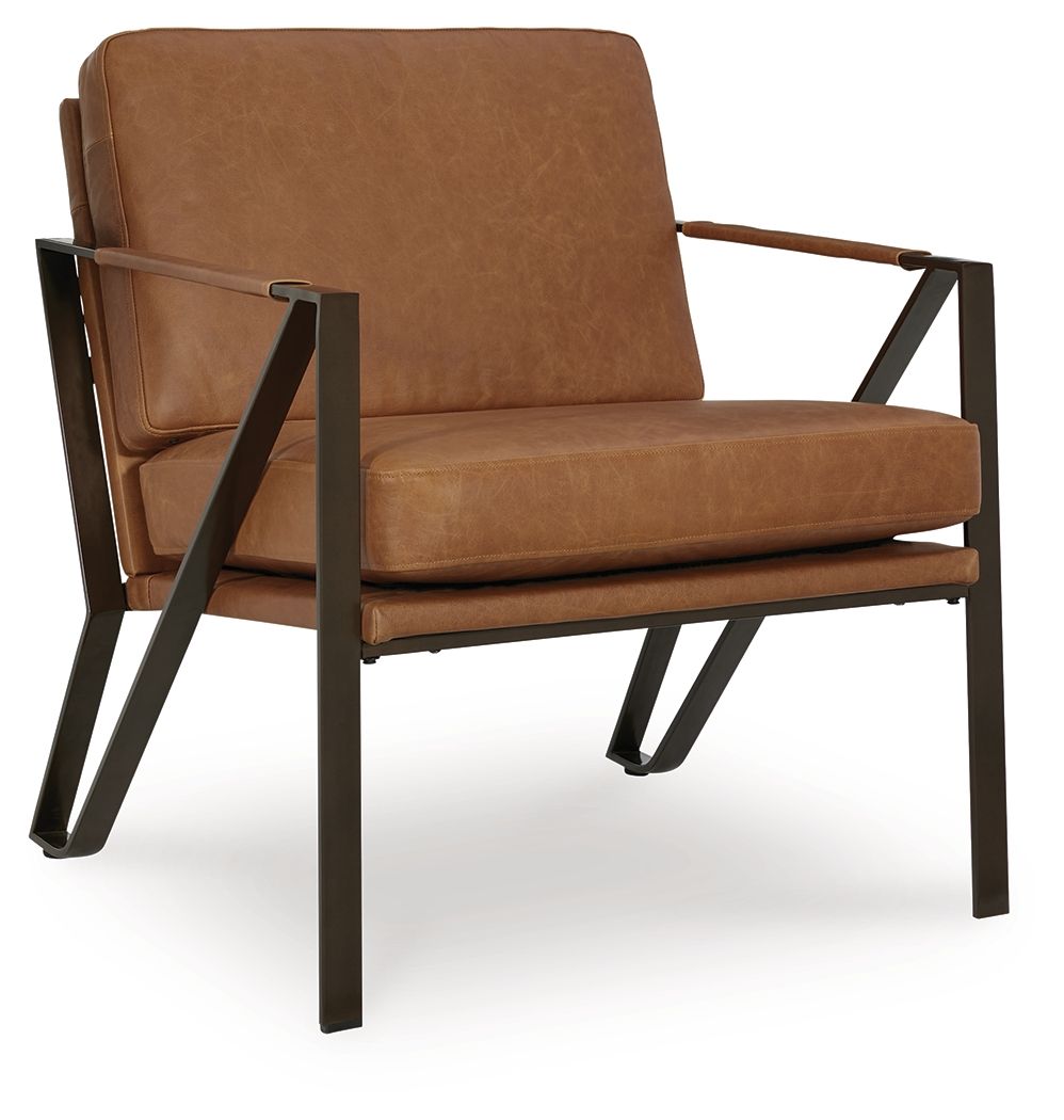 Caramel accent chair with upholstered arms and back, black metal angled legs