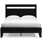 Finch panel platform bed in black with panel headboard and white bedding set