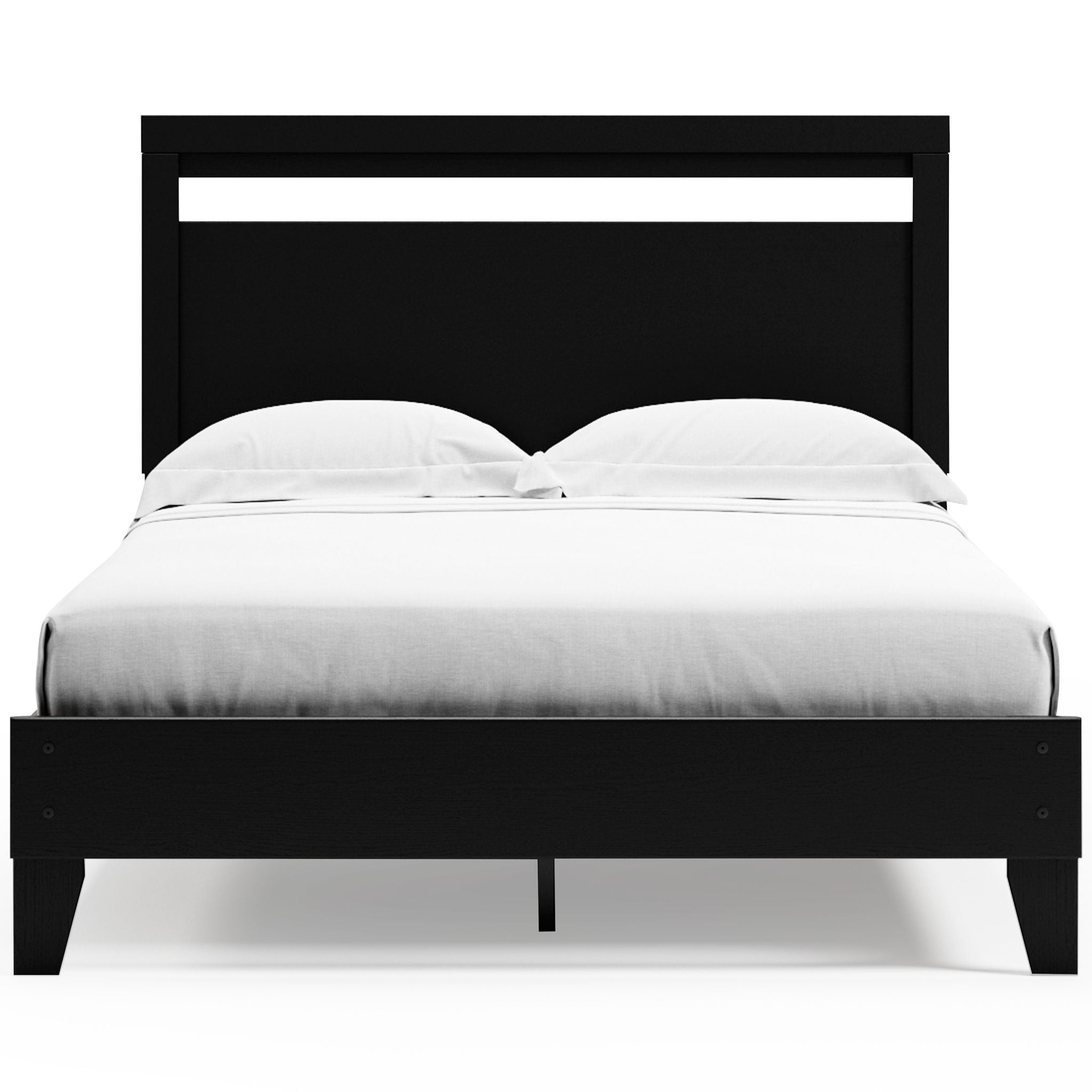 Finch panel platform bed in black with panel headboard and white bedding set
