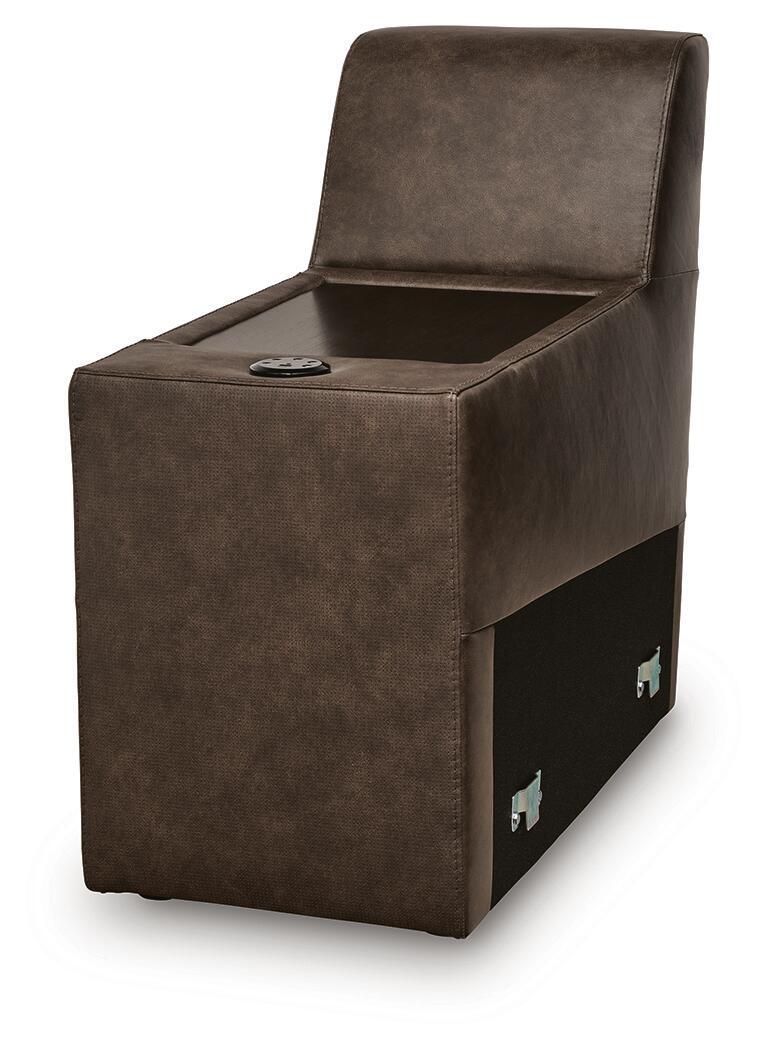 Upholstered console with audio system, dark chocolate brown cube with side panel controls