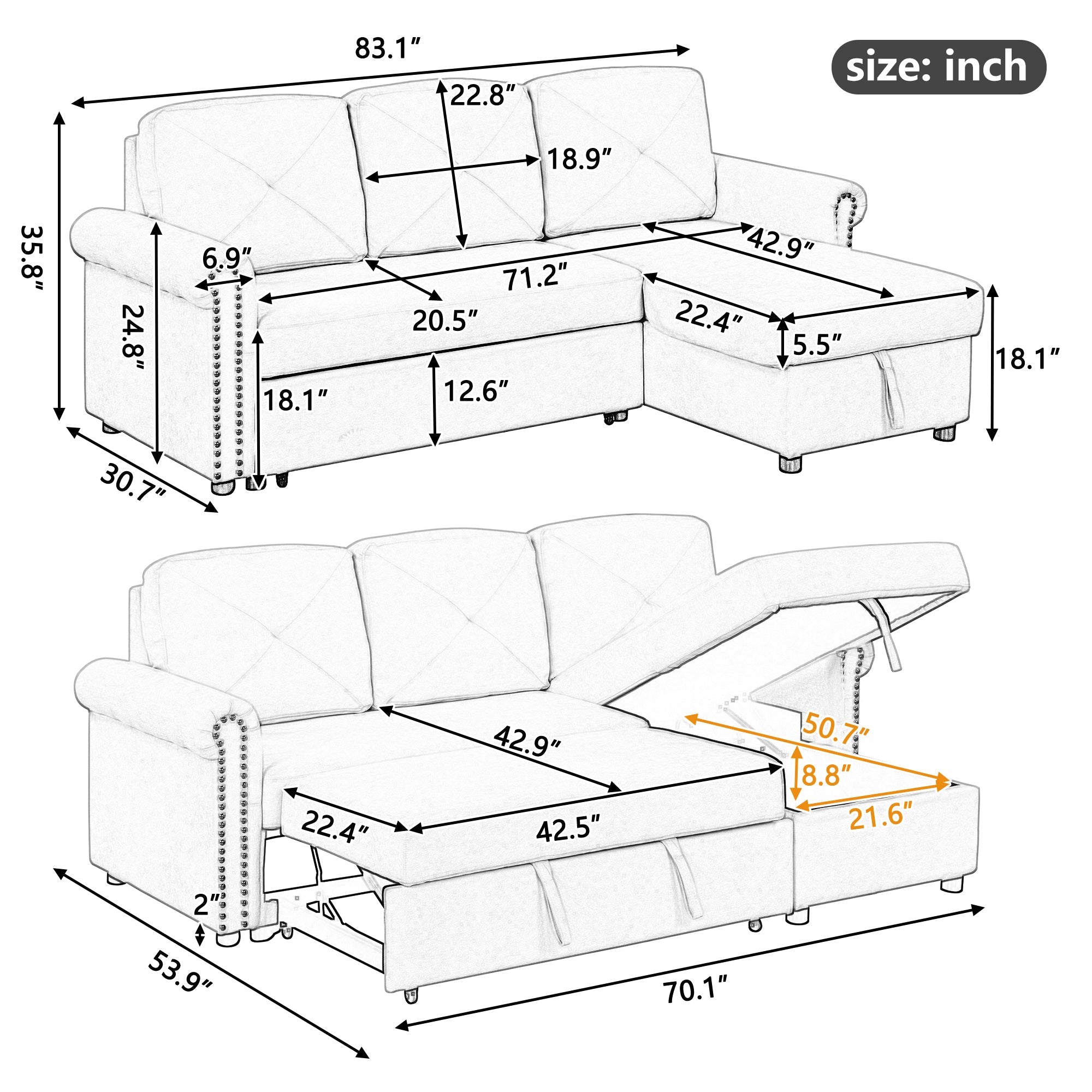 83" Modern Sectional Sleeper Sofa w/ Storage Chaise - Beige-Sleeper Sectionals-American Furniture Outlet