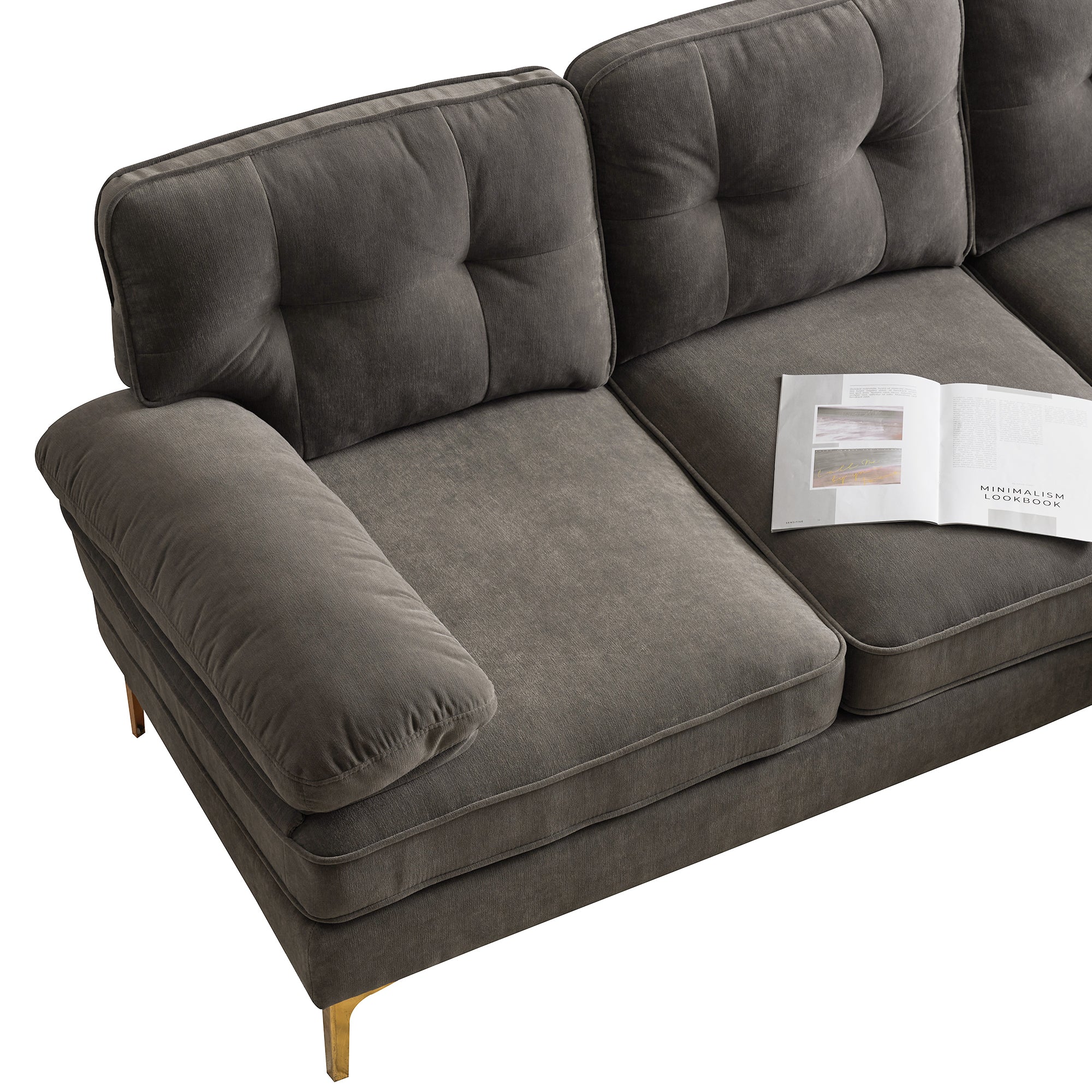 83" Modern Velvet L-Shaped Sectional Sofa for Living Room & Bedroom - Brown-Stationary Sectionals-American Furniture Outlet