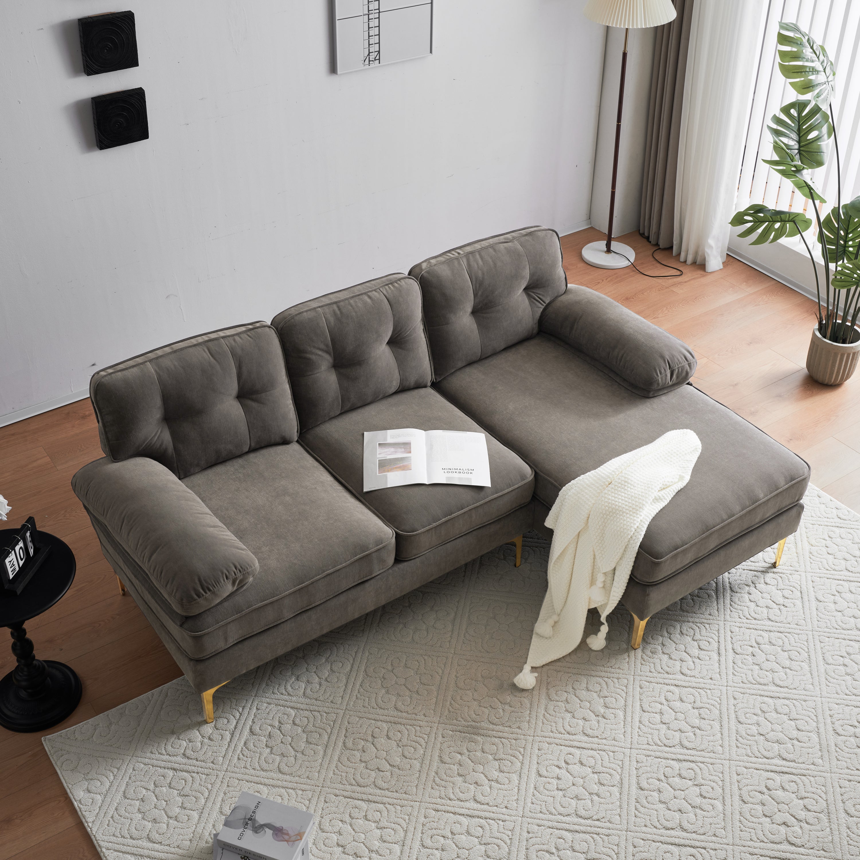 83" Modern Velvet L-Shaped Sectional Sofa for Living Room & Bedroom - Brown-Stationary Sectionals-American Furniture Outlet