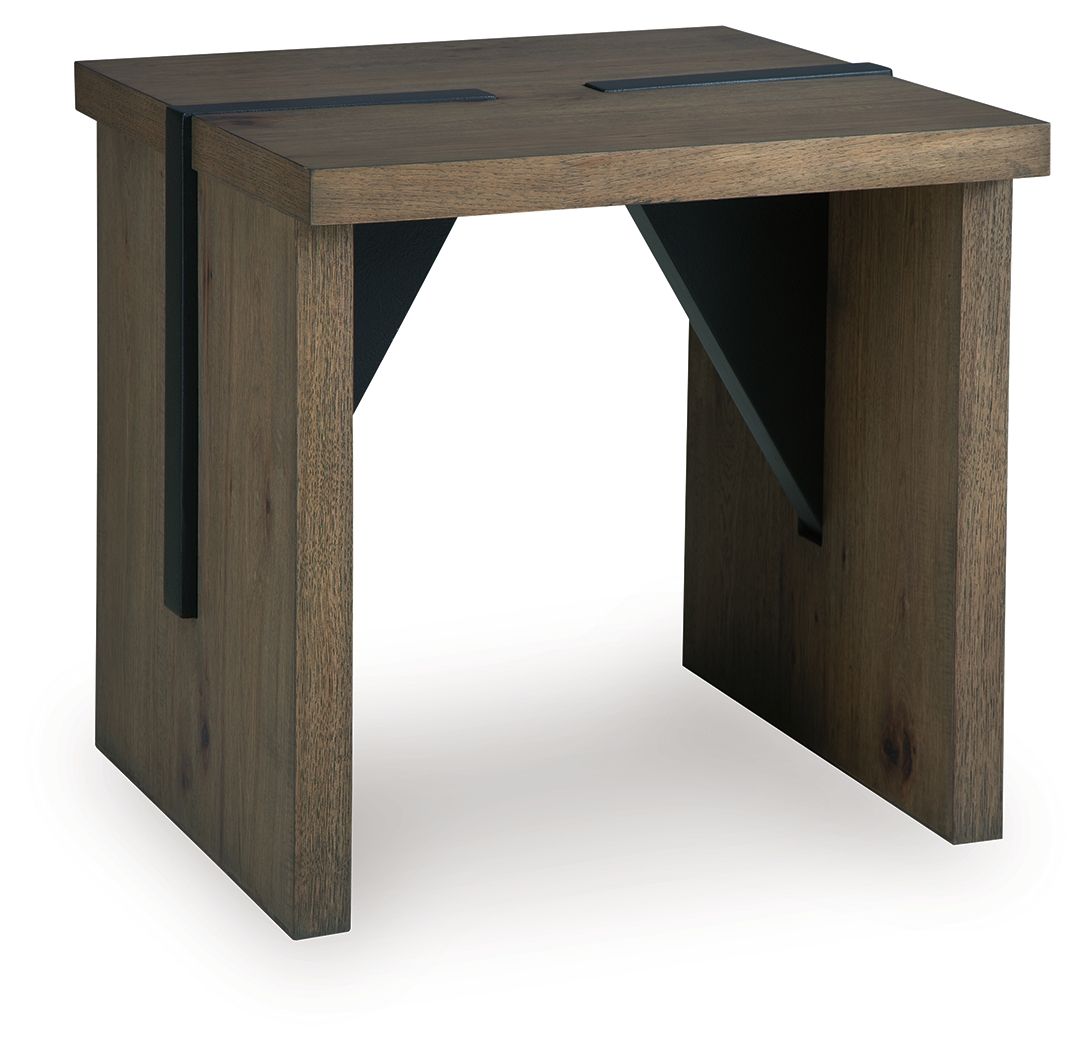 Light brown rectangular table with dark underside panels and angled side supports