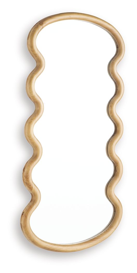 Brown tall wavy-edge accent mirror with clear reflective center