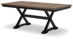 Dark brown dining table with black cross-brace base