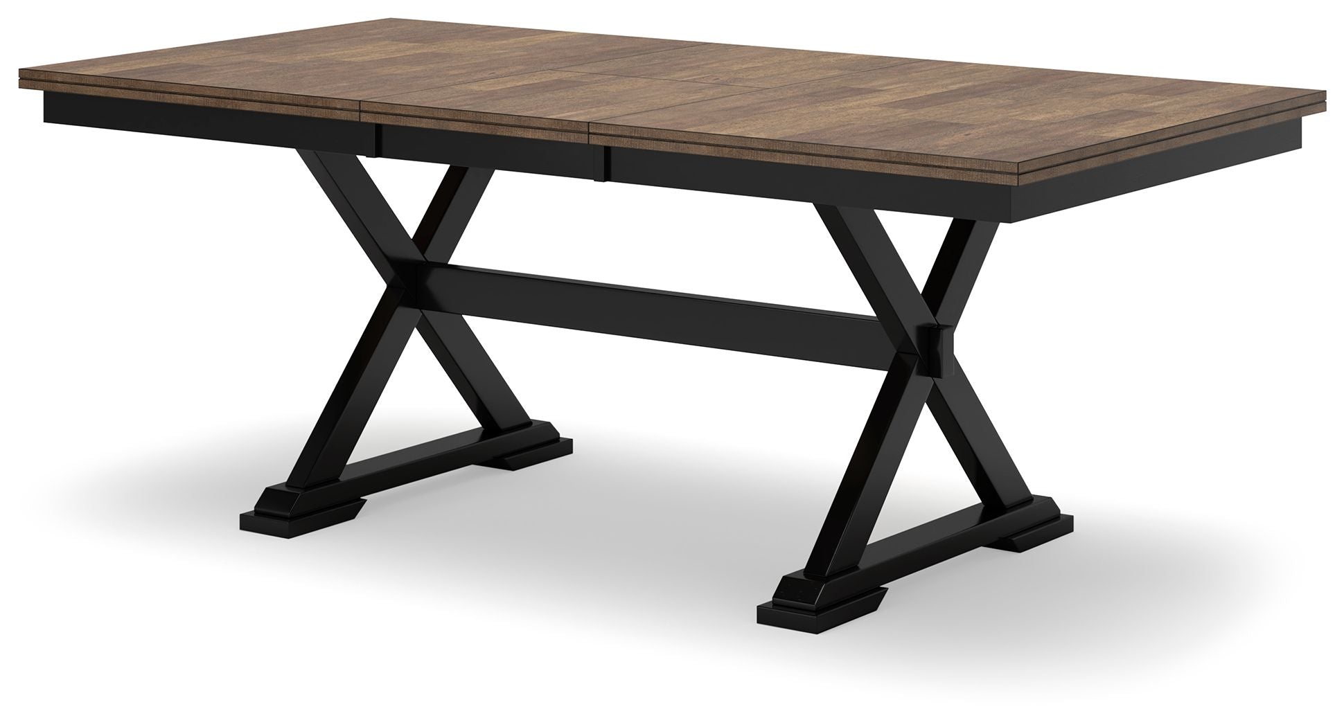 Dark brown dining table with black cross-brace base