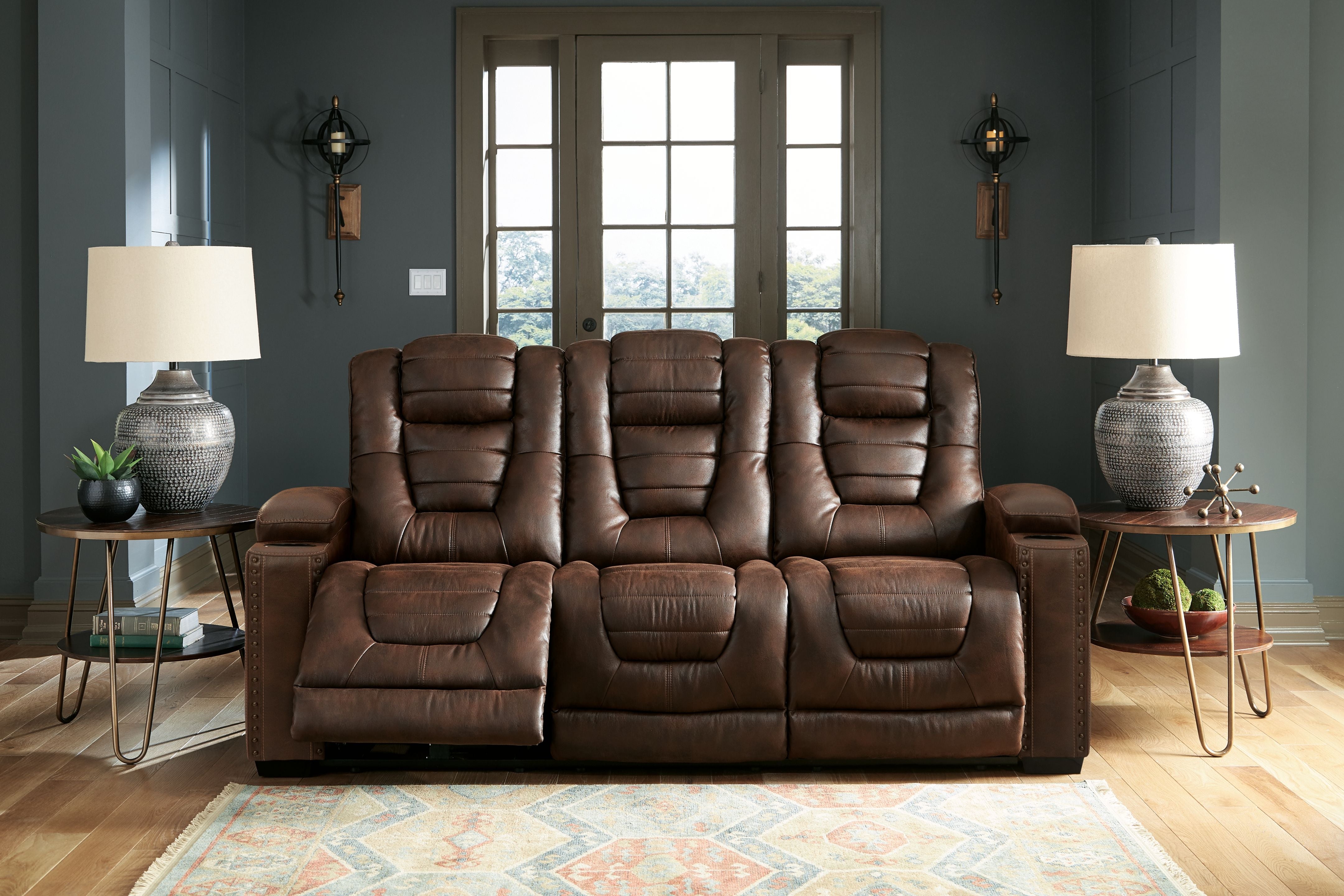 Signature Design by Ashley Owner's Box Thyme Power Reclining Sofa, Brown Faux Leather, Adjustable Headrest