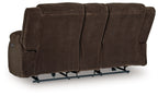 Chocolate double reclining loveseat with padded back and visible reclining rails