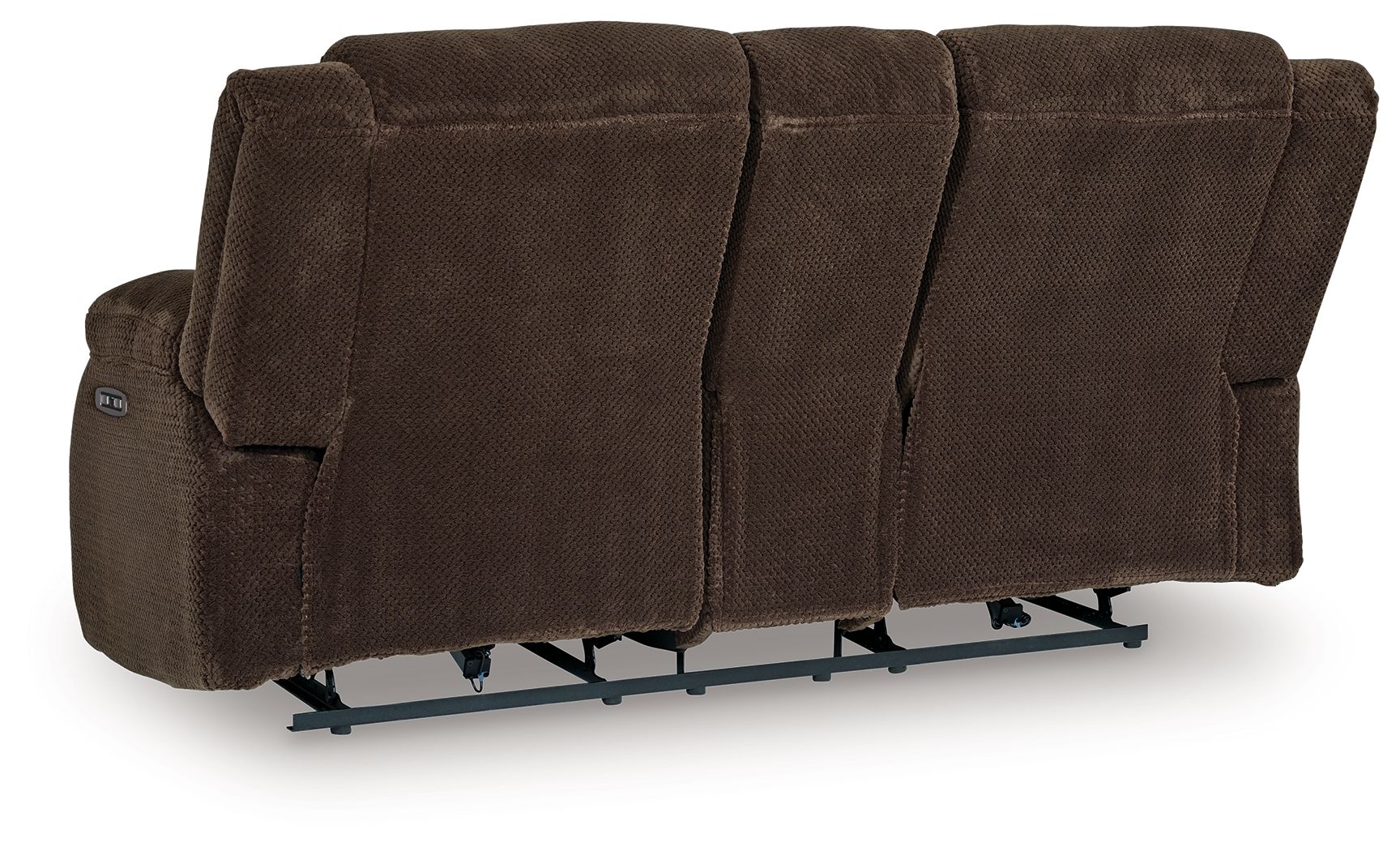 Chocolate double reclining loveseat with padded back and visible reclining rails