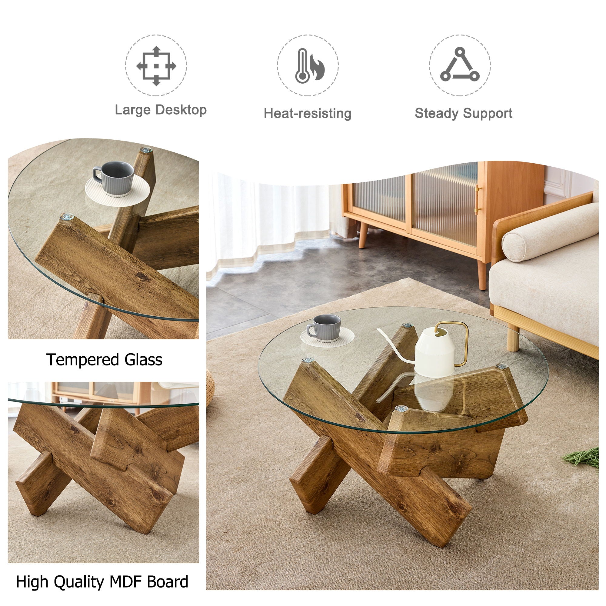 Circular Glass Coffee Table, Modern And Distinctive Design Tea Table Tempered Glass Countertop, Wood Colored MDF Table Legs Suitable For Living Rooms And Farmhouses