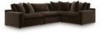 Dark brown sectional sofa with deep seats, square arms, and back cushions on both sides.