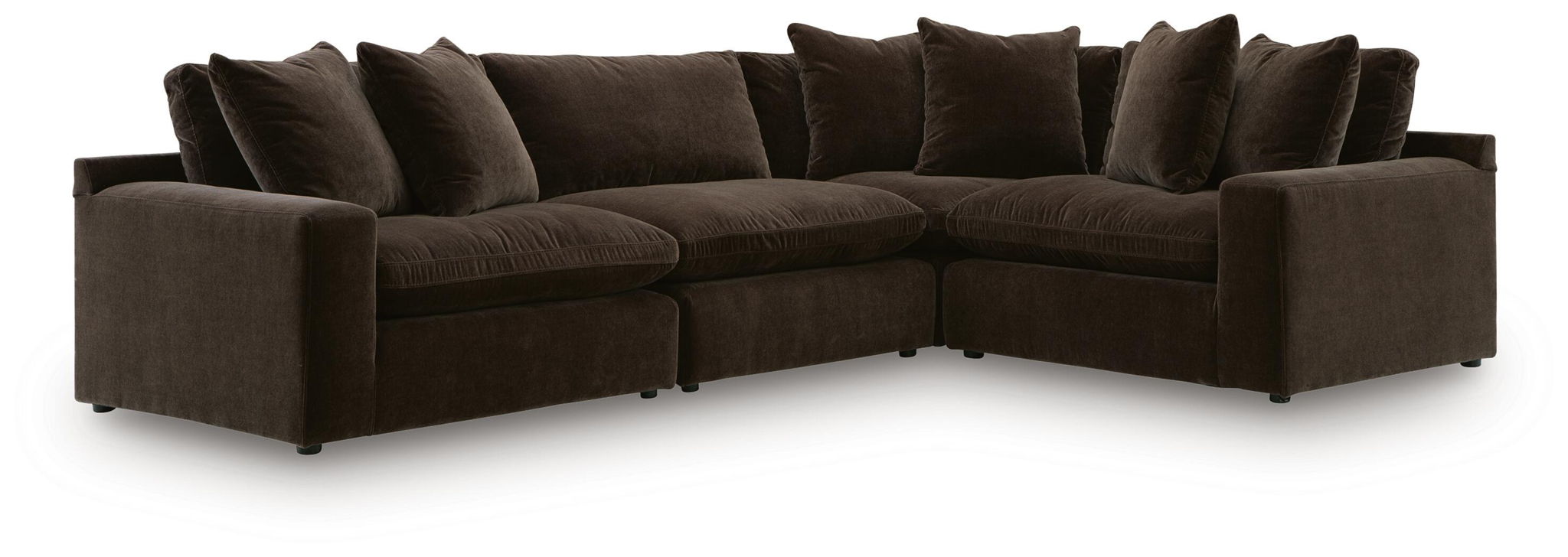Dark brown sectional sofa with deep seats, square arms, and back cushions on both sides.