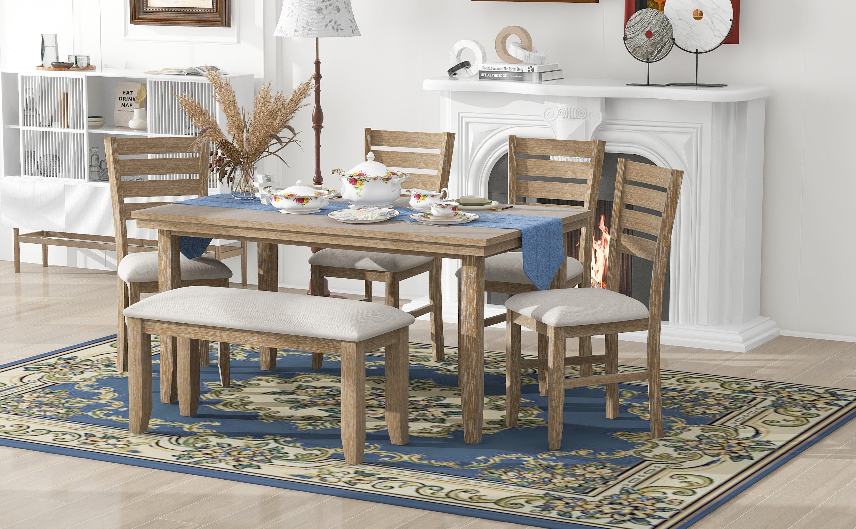 6-Piece Rustic Dining Set w/ Bench - Natural Wood
