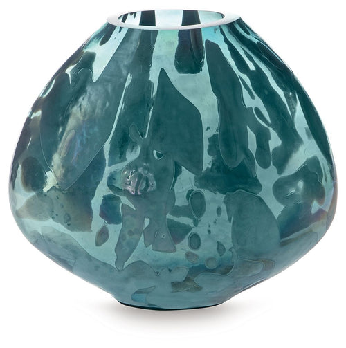 Blue glass vase with rounded belly and flared top, speckled abstract texture