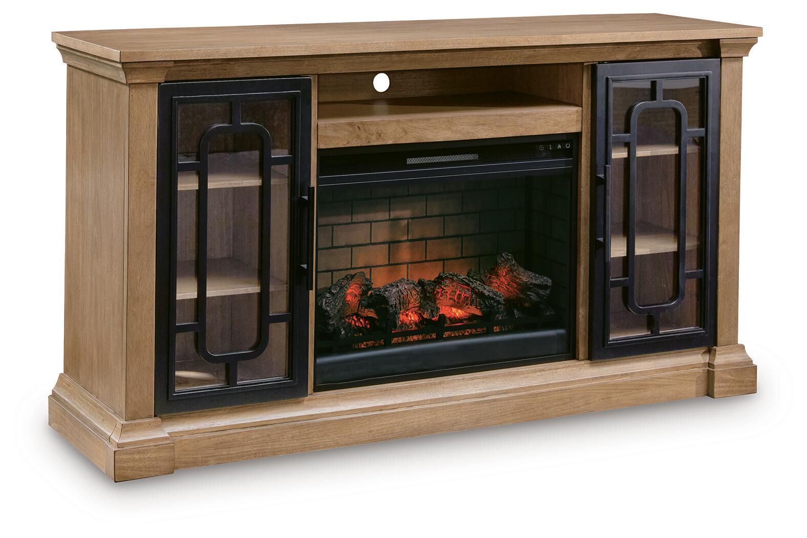 Light brown TV stand with two glass-front doors and electric fireplace insert with flames.