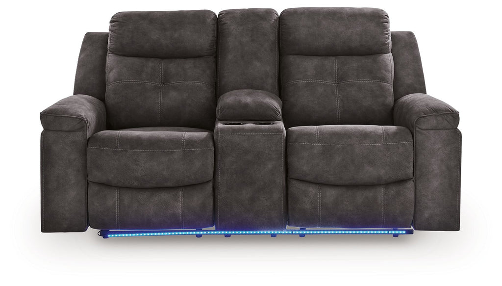 Charcoal double reclining loveseat, front view with center console and base rails