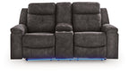 Charcoal double reclining loveseat, front view with center console and base rails