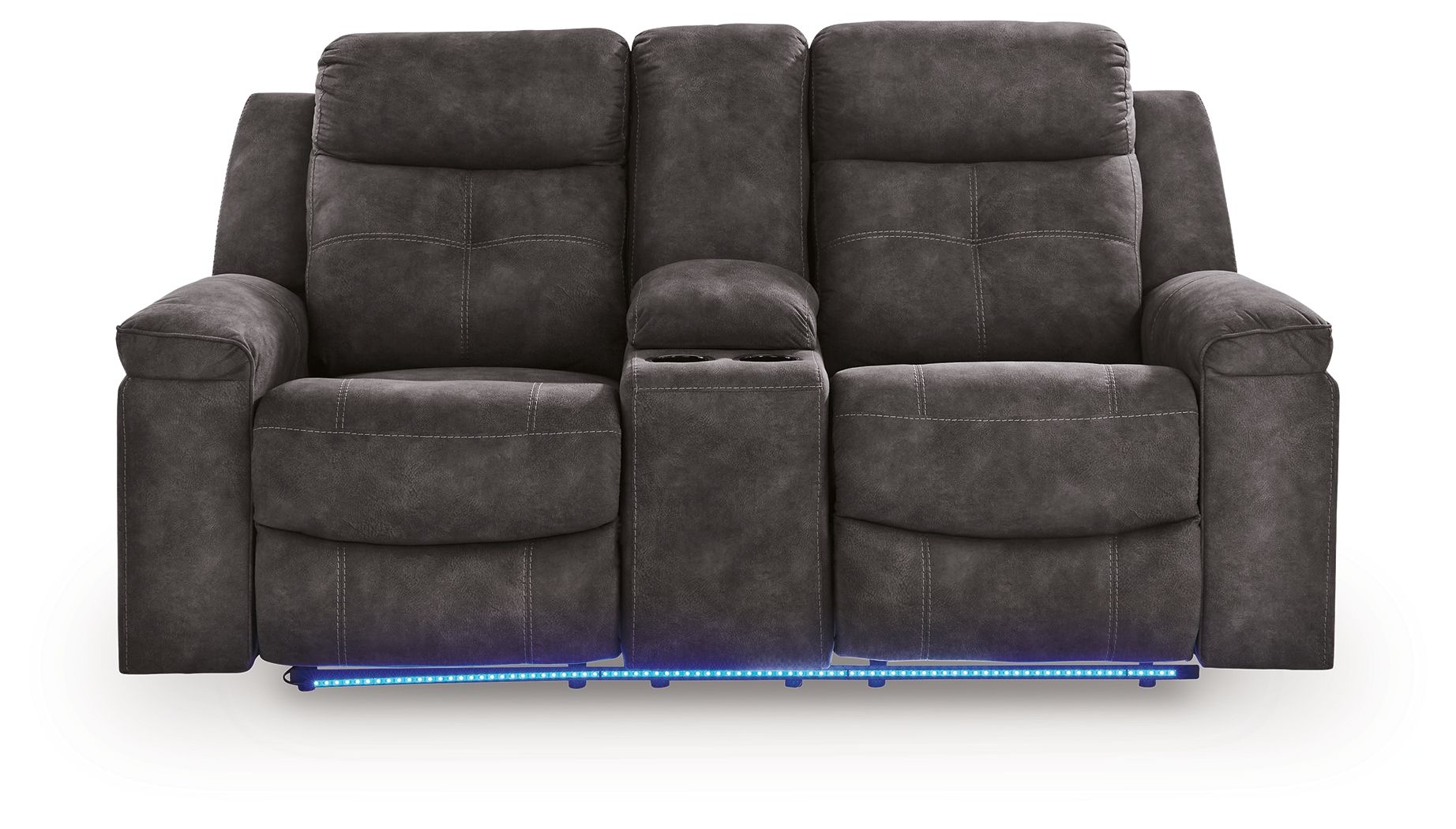 Charcoal double reclining loveseat, front view with center console and base rails