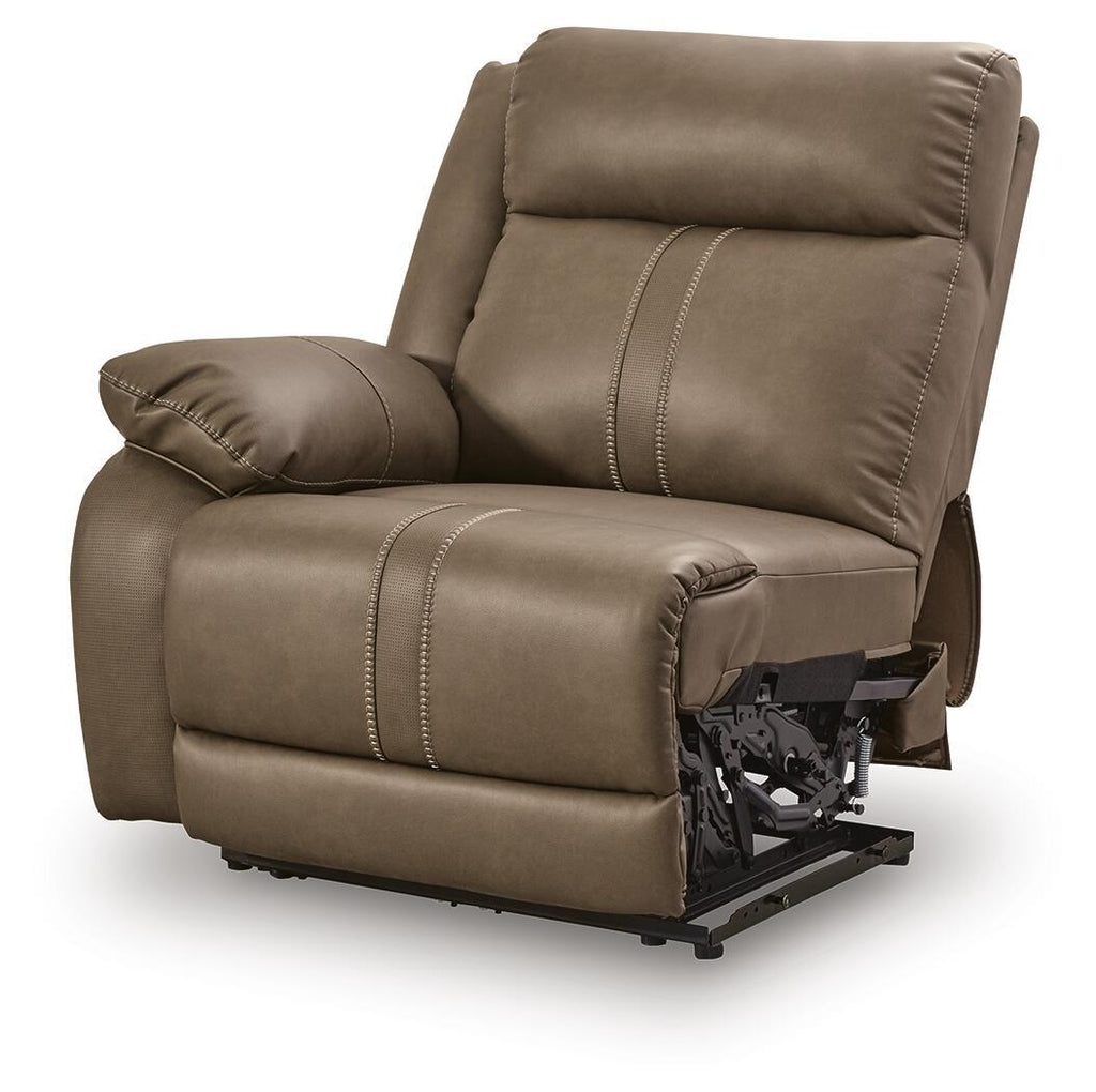 Biscotti beige power recliner in side view with visible reclining mechanism