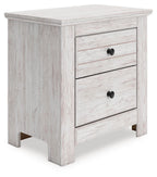 White two-drawer night stand with two drawers and black round knob pulls