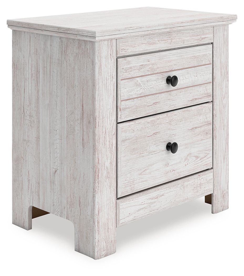 White two-drawer night stand with two drawers and black round knob pulls
