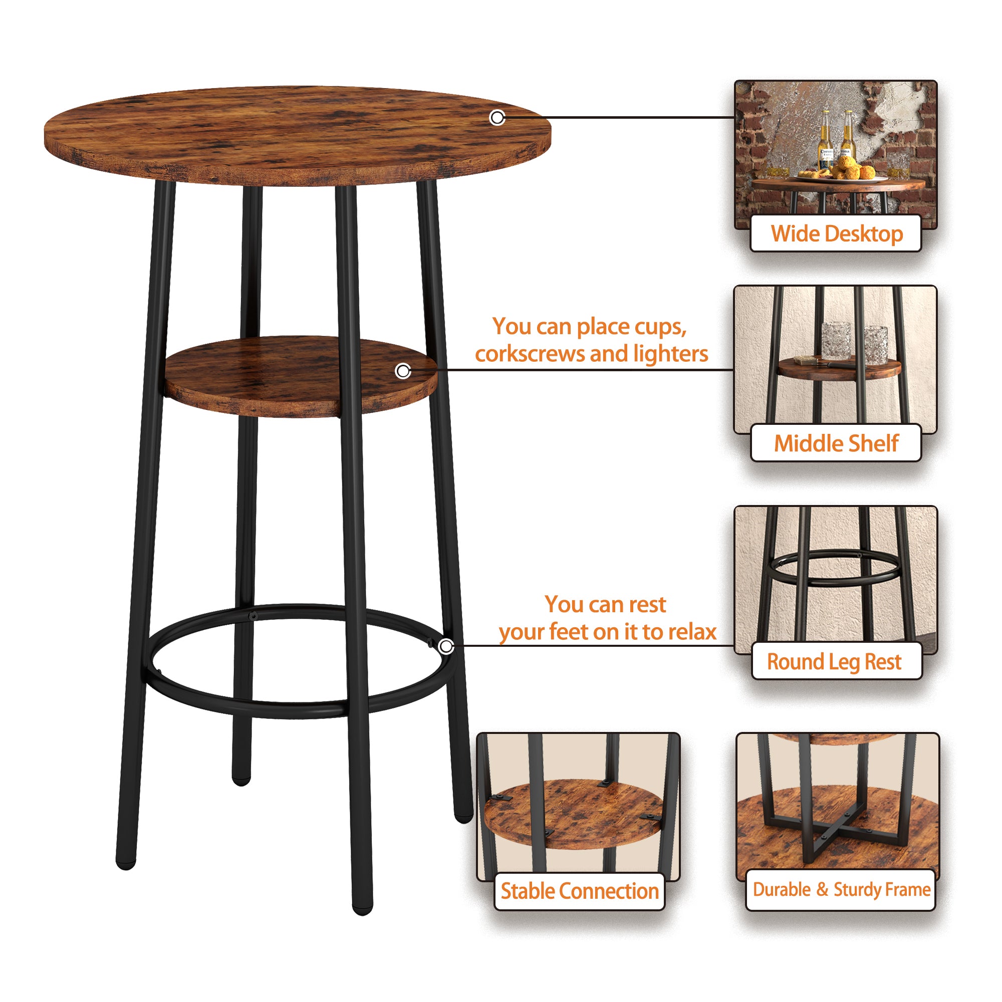 Rustic Round Bar Stools with Shelf (Set of 2)