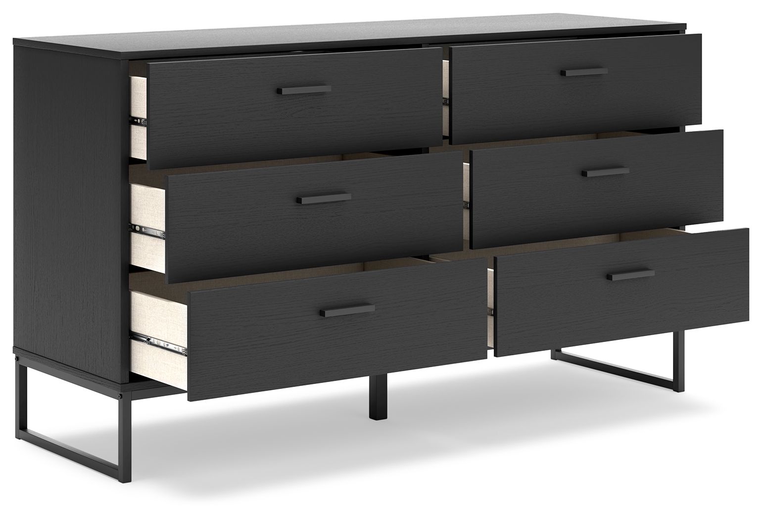 Black bedroom dresser with multiple drawers and metal drawer pulls